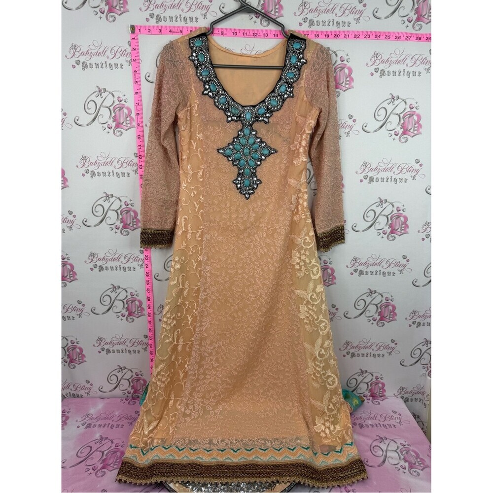 Embellished Peach Lace Long Sleeve Dress with Turquoise Accents